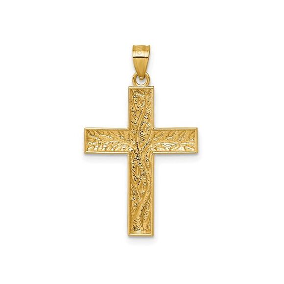 14K Yellow and White Gold Floral Tree with Leaves Cross Pendant (NO CHAIN)